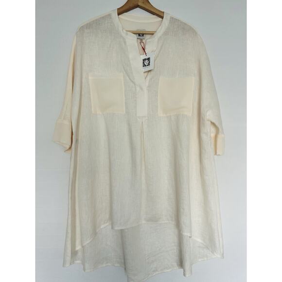Anne Klein NWT Linen Hi-Low Blouse Sz M 3/4 Sleeve V-Neck Tunic Minimalist Boho - Picture 1 of 8